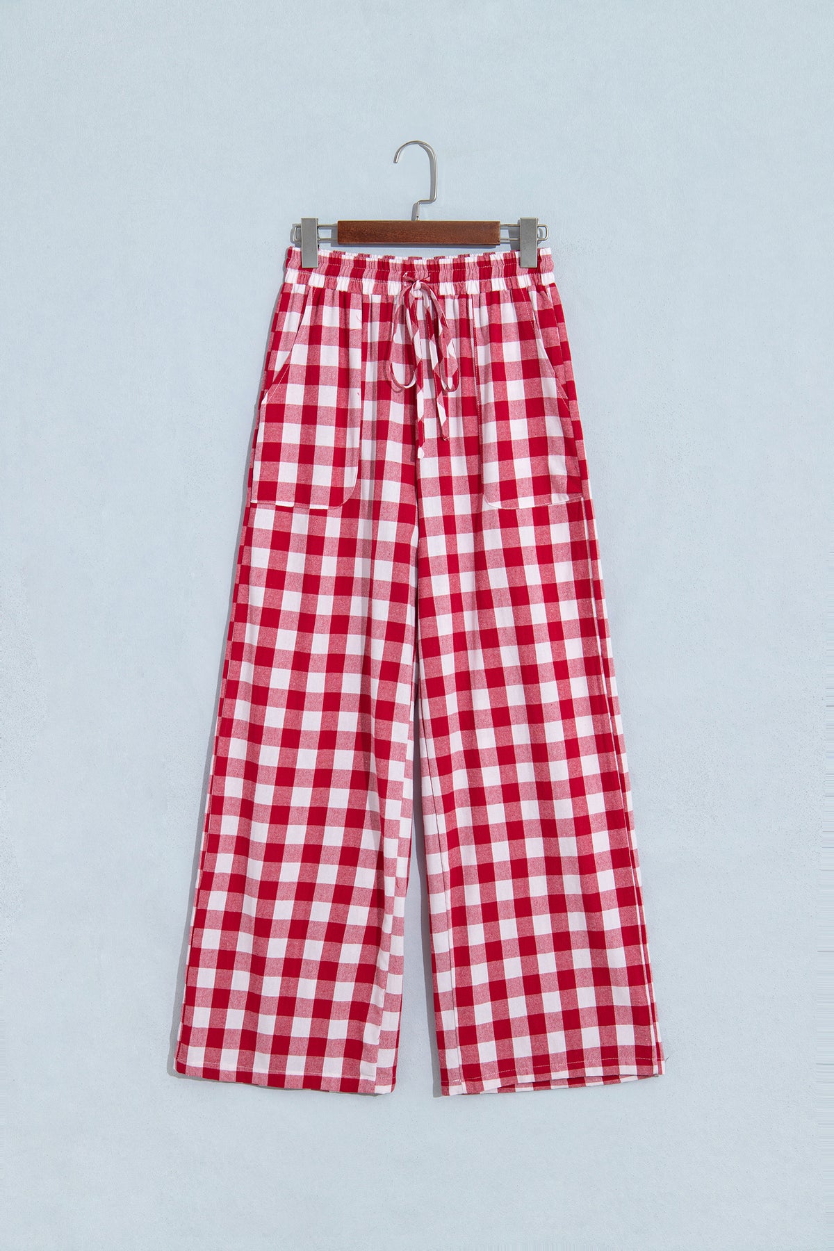 Red Gingham Plaid Tie Elastic Waist Shift Pants