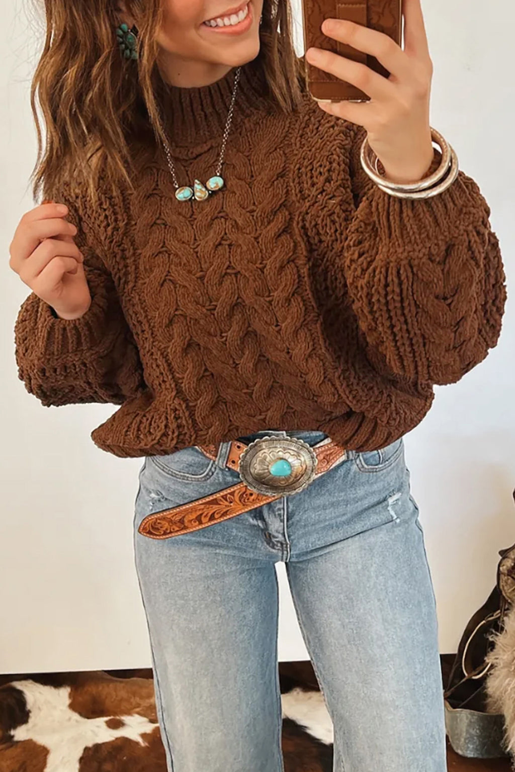 Coffee Solid Color Cable Knit High Neck Loose Pullover Sweater