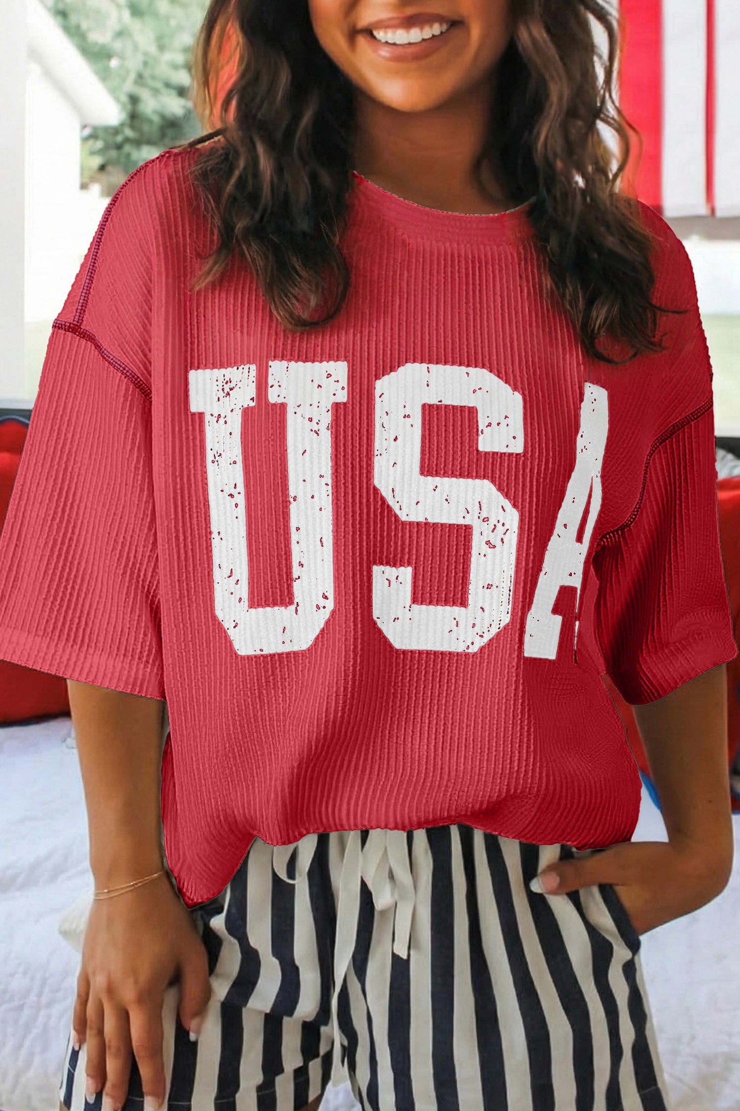 Fiery Red USA Graphic Half Sleeve Loose Ribbed Top
