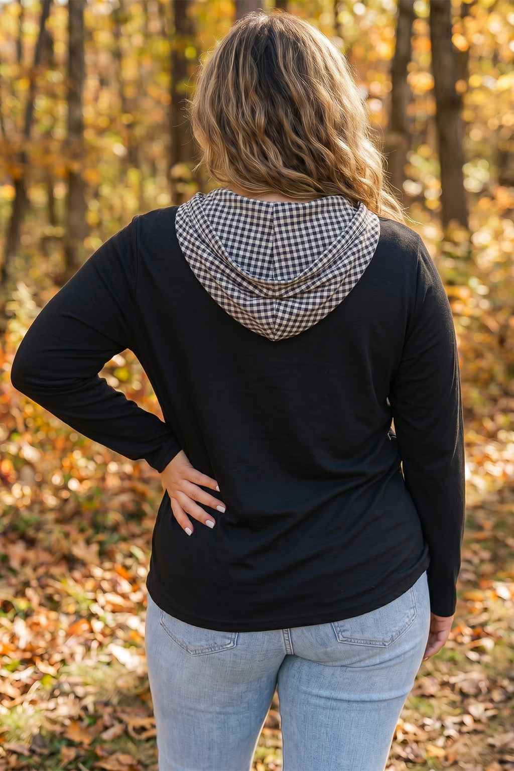 Black Hooded Gingham Paneling Chest Patch Pocket Long Sleeve Plus Size Blouse