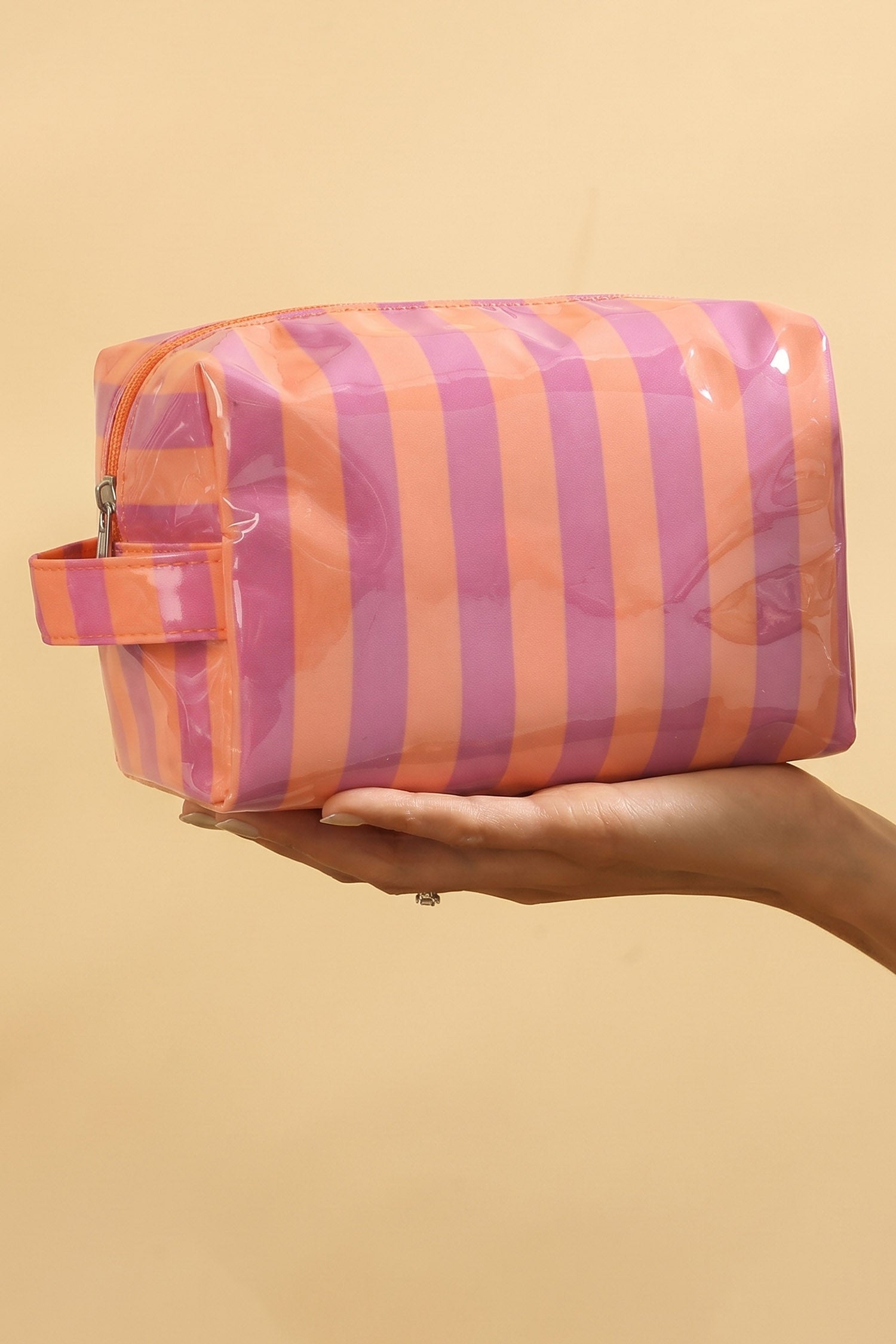 Fiery Red PVC Striped Cosmetic Bag Durable Zipper Handle Travel Organizer
