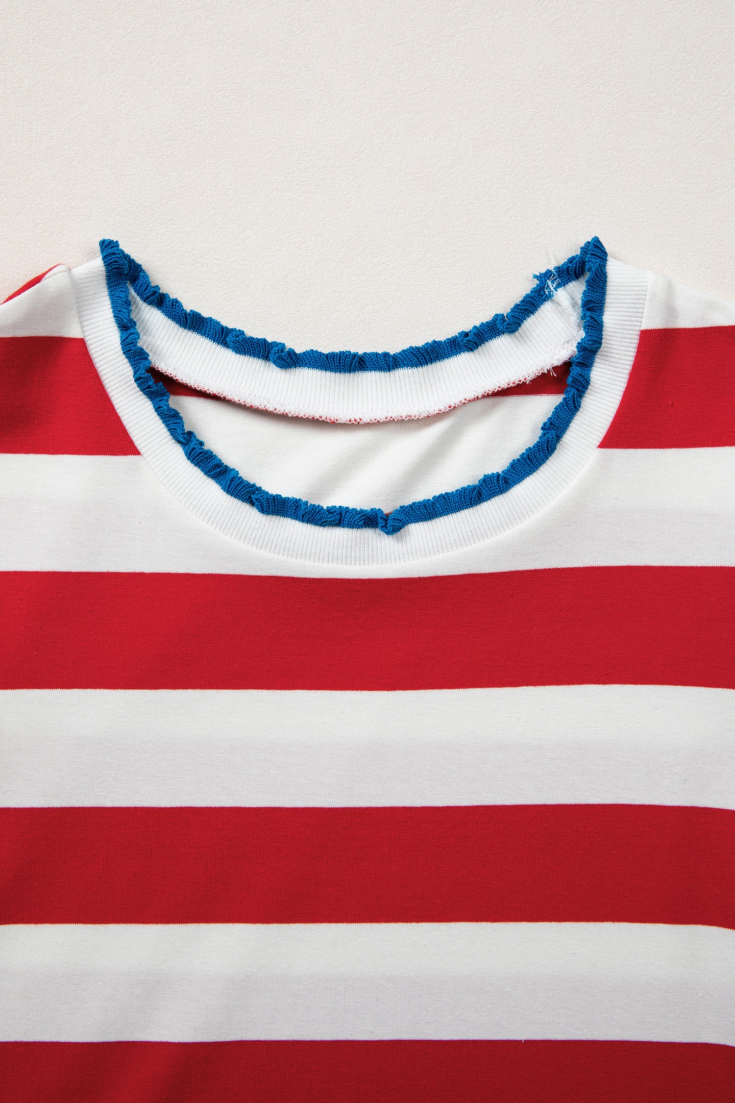Red Stripe Contrast Trim Round Neck Short Puff Sleeve Shift Dress