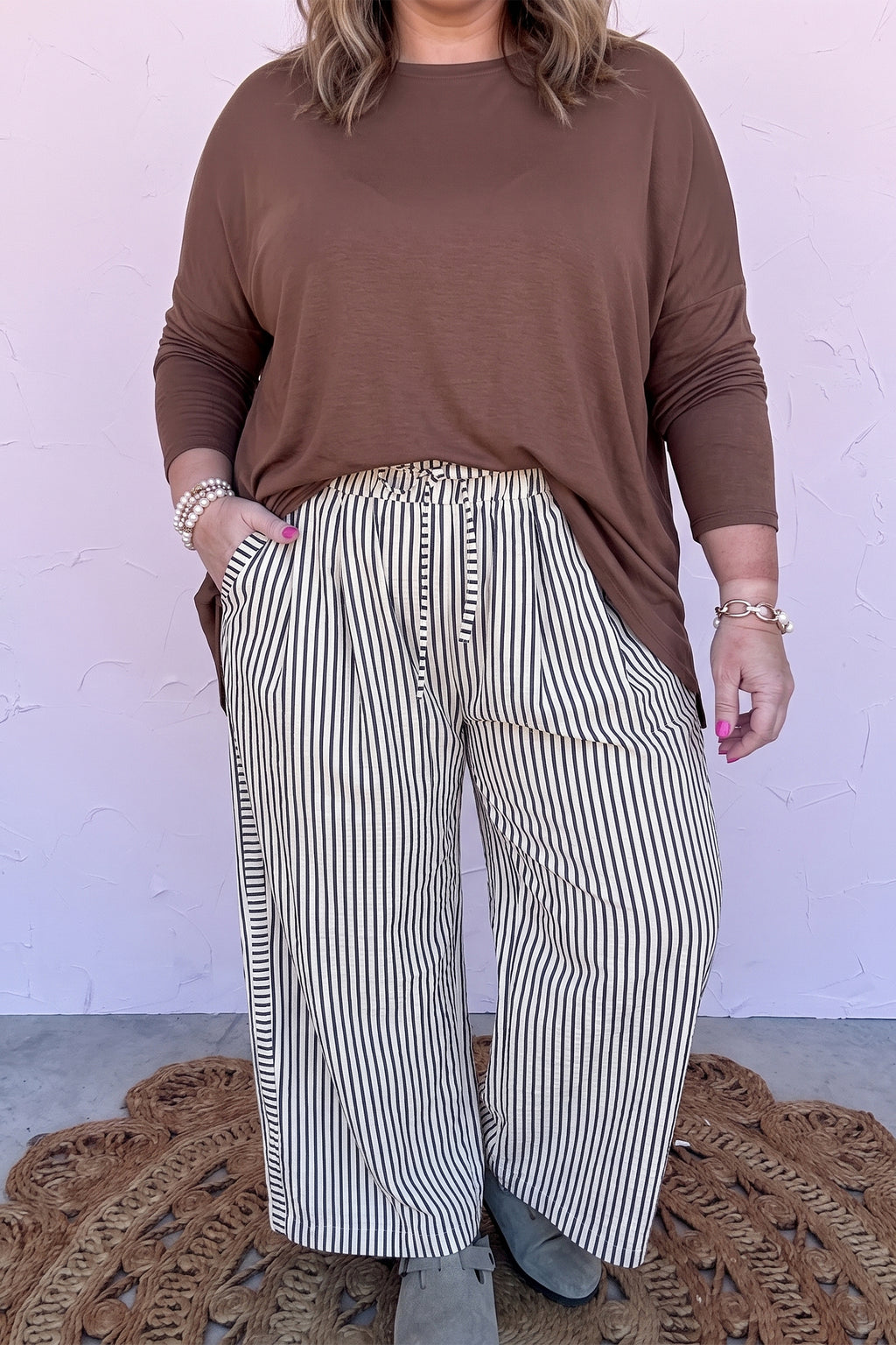 Black Stripe Plus Size Tie Waist Loose Pants