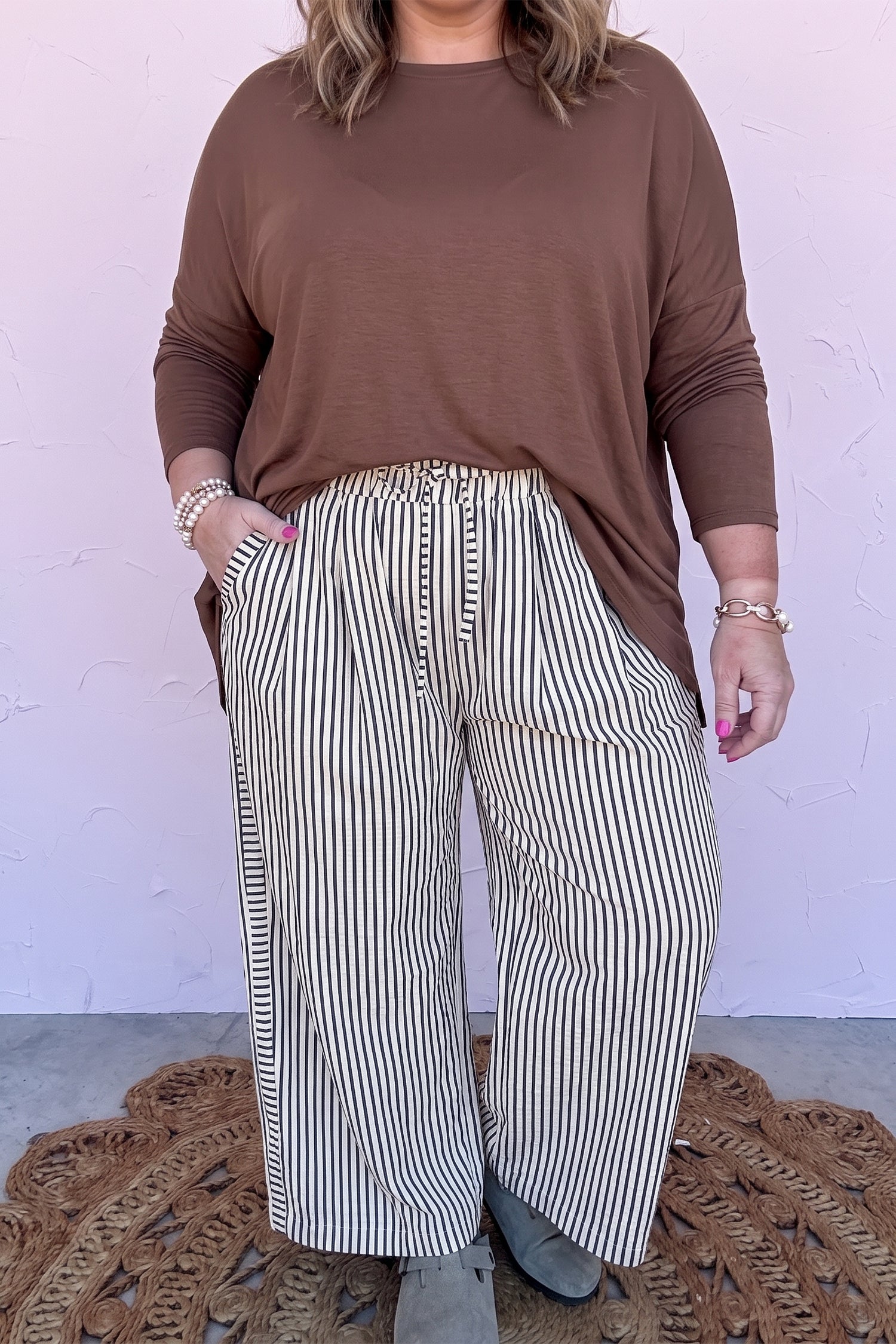 Black Stripe Plus Size Tie Waist Loose Pants