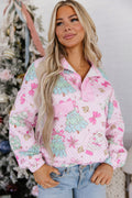 Pink Cute Christmas Print Collar Half Button Loose Sweatshirt
