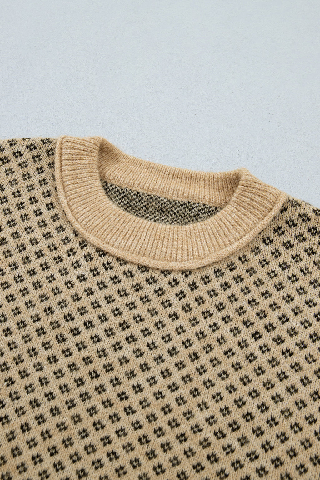 Khaki Geometric Print Drop Shoulder Round Neck Long Sleeve Sweater
