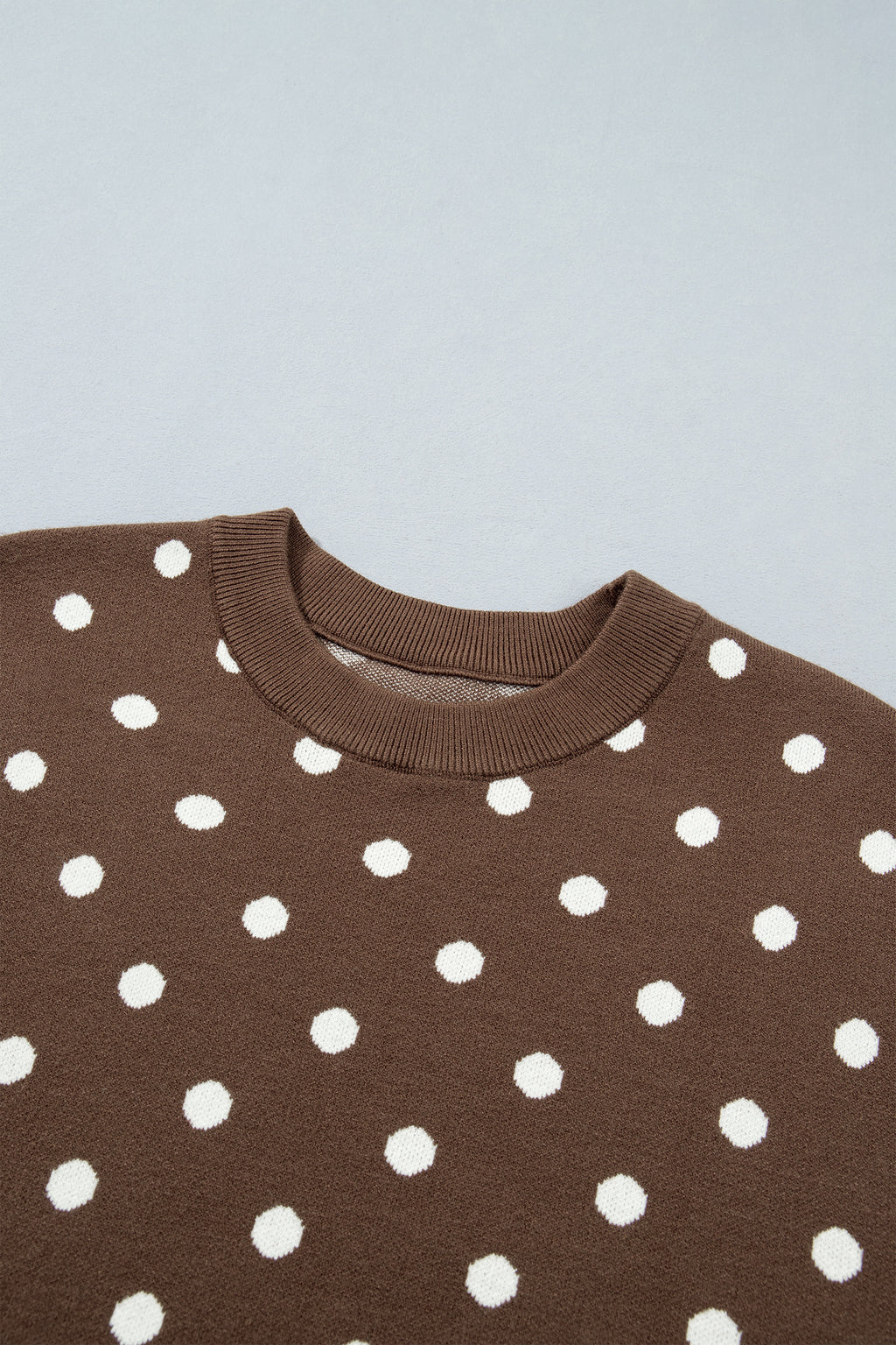 Brown Dolman Short Sleeve Round Neck Polka Dot Sweater