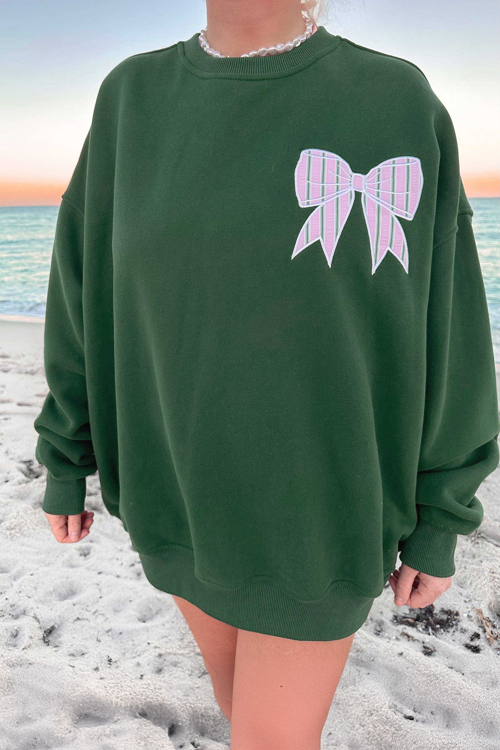 Blackish Green Striped Bow Graphic Oversized Sweatshirt