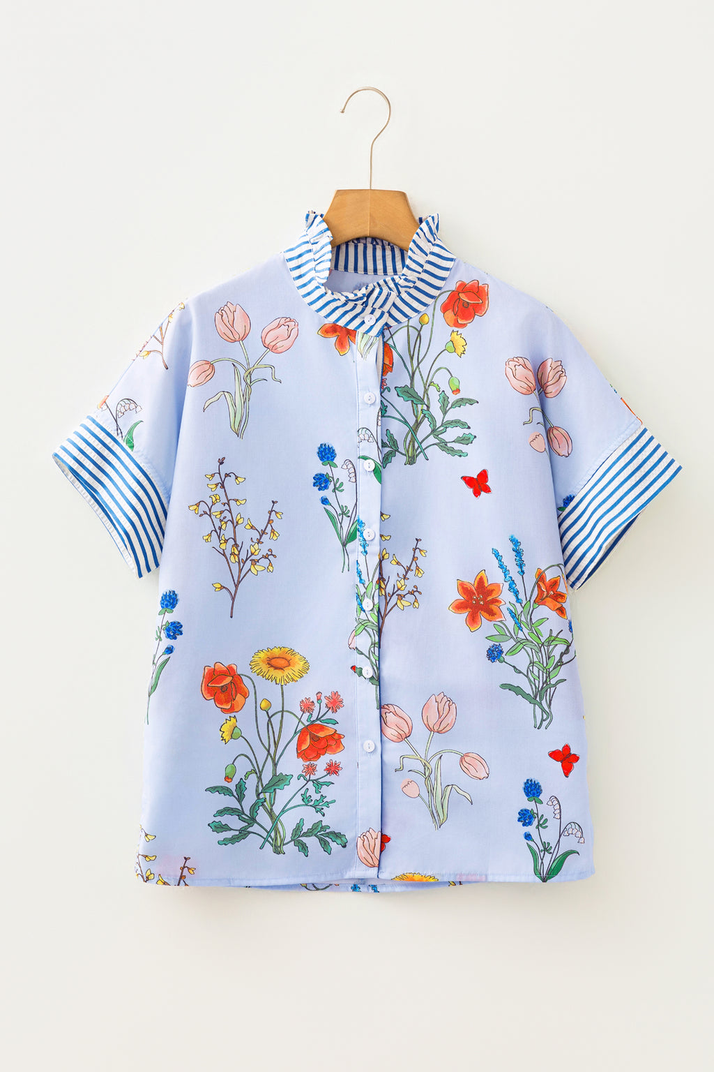 Sky Blue Floral Striped Patchwork Ruffled Collar Short Sleeve Shirt