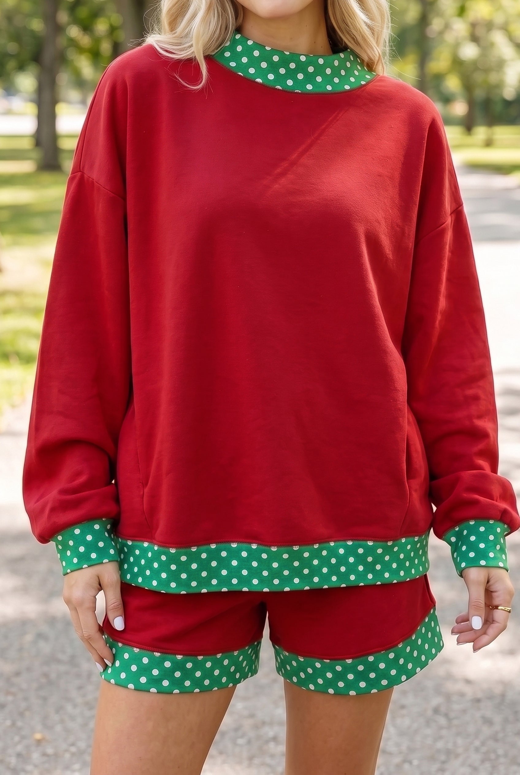Racing Red Polka Dot Trim Baggy Pullover 2pcs Short Set