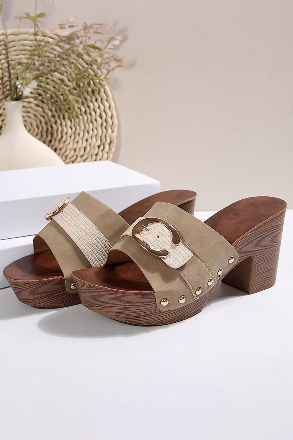 Pale Khaki Buckle Decor Studded Chunky Heel Slippers