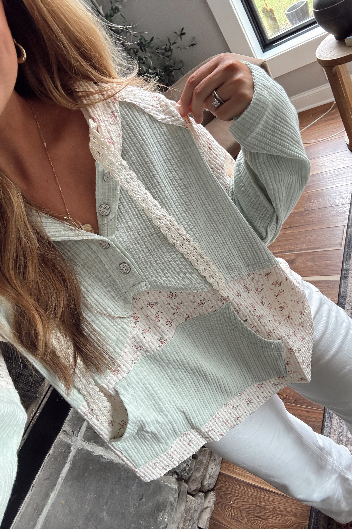 Clearly Aqua Textured Floral Patchwork Button Hooded Long Sleeve Top