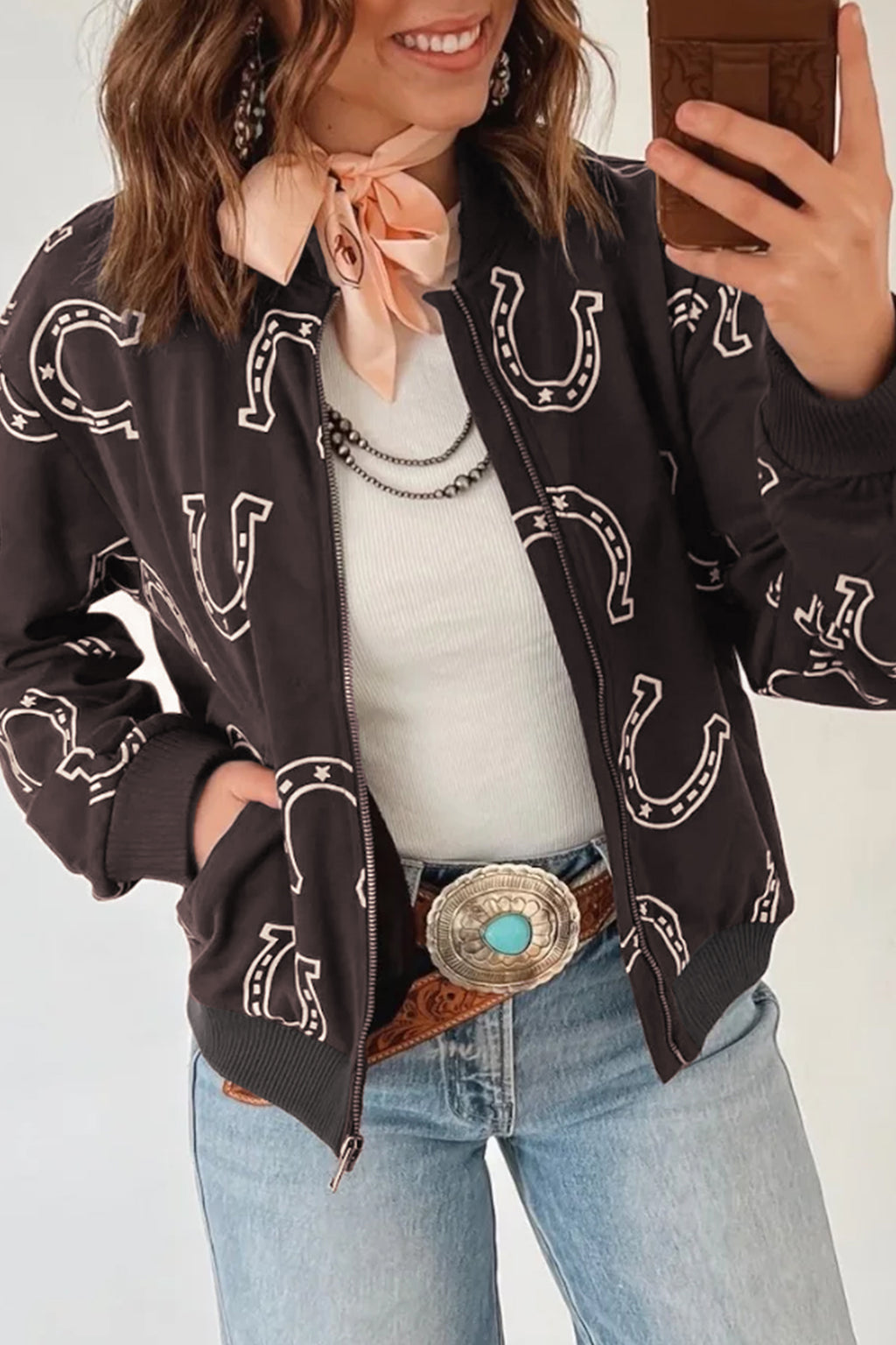 Brown Western Horseshoe Print Zipper Pocket Shift Jacket