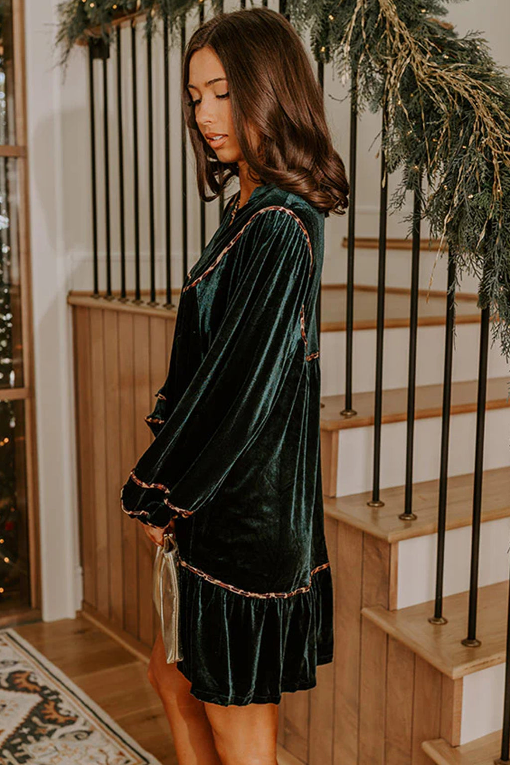 Blackish Green Leopard Trim Velvet Long Sleeve Shift Dress
