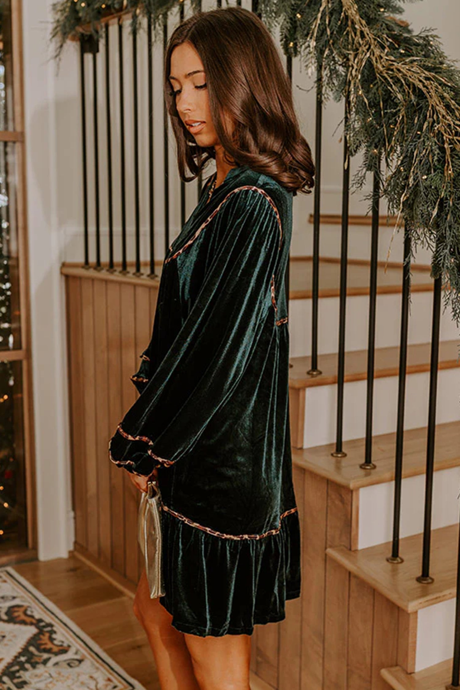 Blackish Green Leopard Trim Velvet Long Sleeve Shift Dress