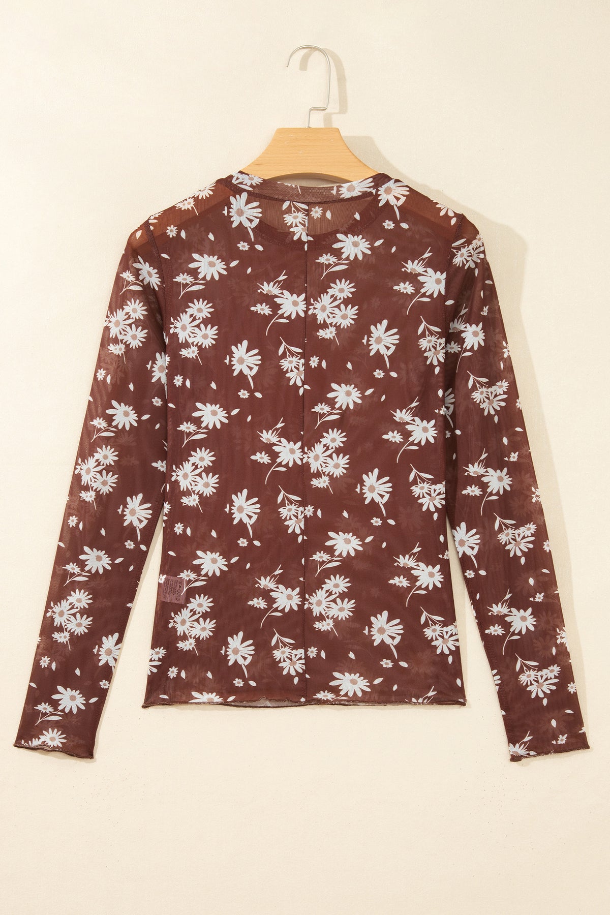 Brown Floral Print Sheer Mesh Long Sleeve Top