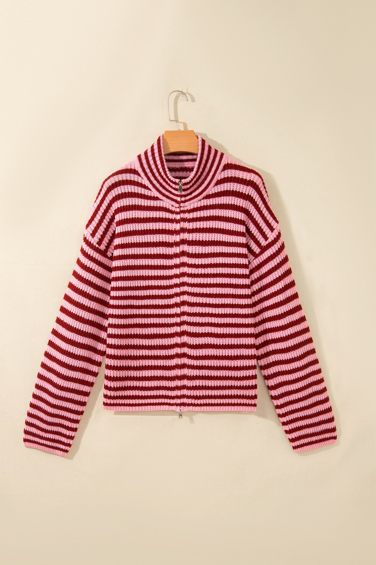 Red Stripe Striped High Neck Zip-up Sweater Long Sleeve Casual Fit Drop Shoulder Open Front Cardigan