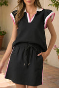 Black Preppy Striped Trim V Neck Polo Tee Drawstring Skirt Set