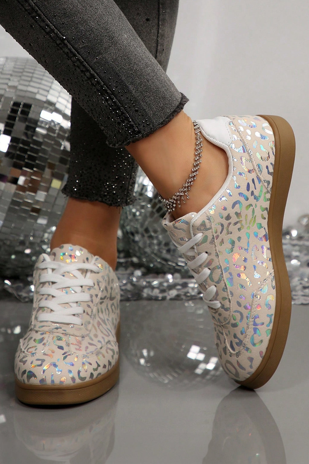 White Shiny Leopard Print Training Shoes