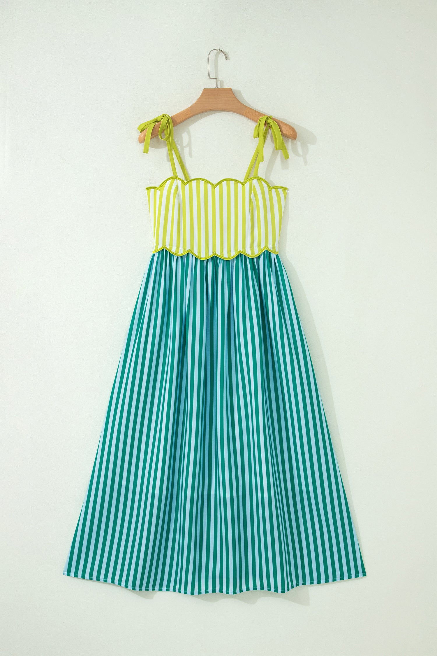 Green Stripe Scalloped Contrast Patchwork Knot Strap Midi Dress