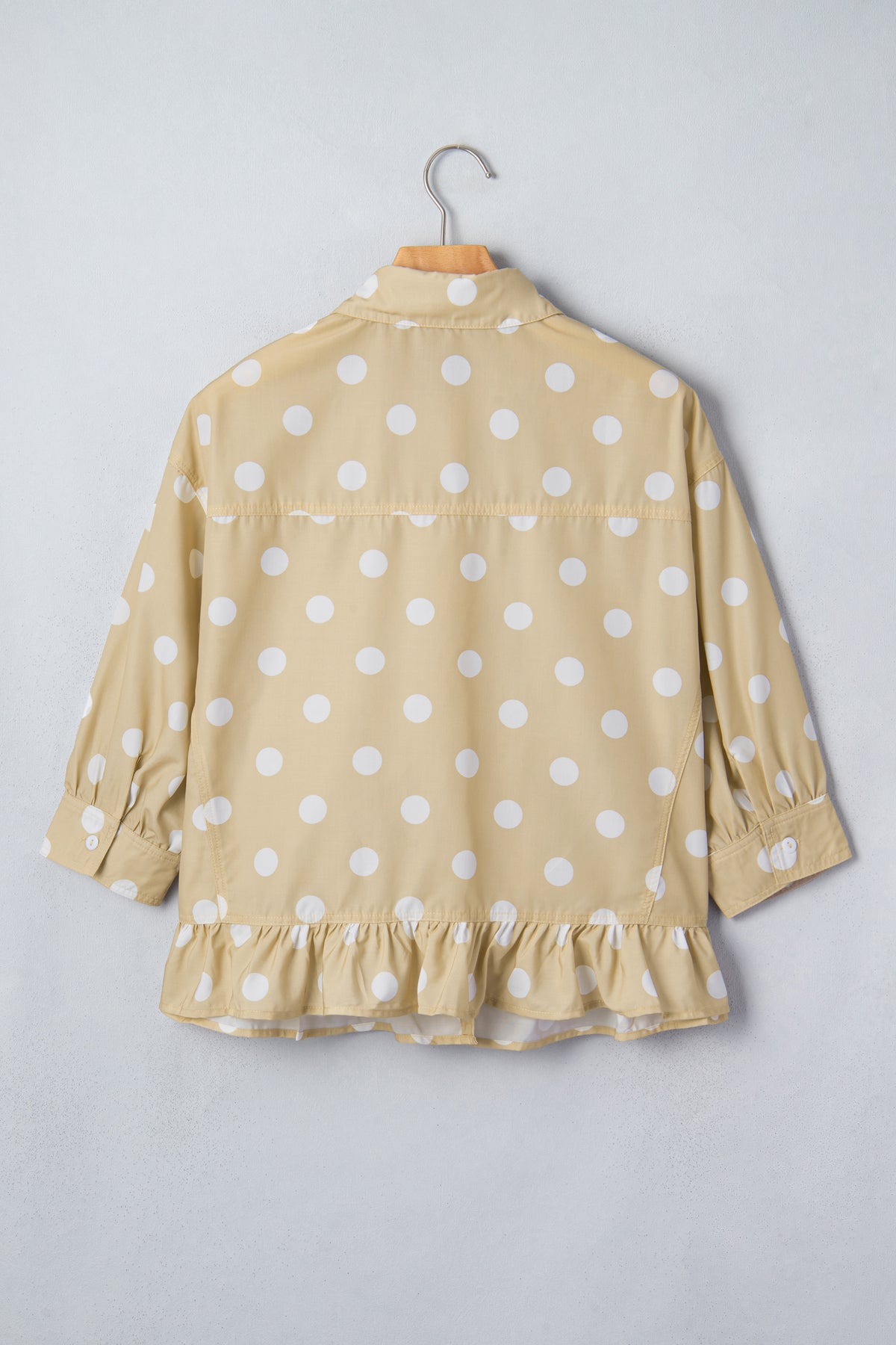 Khaki Polka Dot Print Three Quarter Sleeve Ruffle Hem Casual Shirt