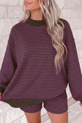 Brown Ribbed Patchwork Mock Neck Baggy Pullover Matching Shorts Set