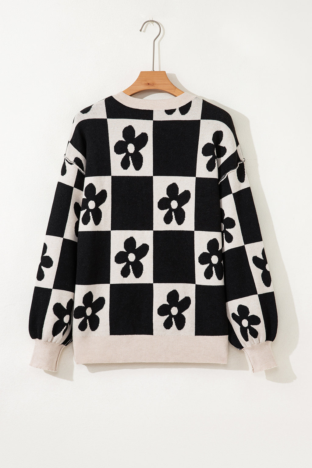 Black Flower Plaid Henley Baggy Sweater