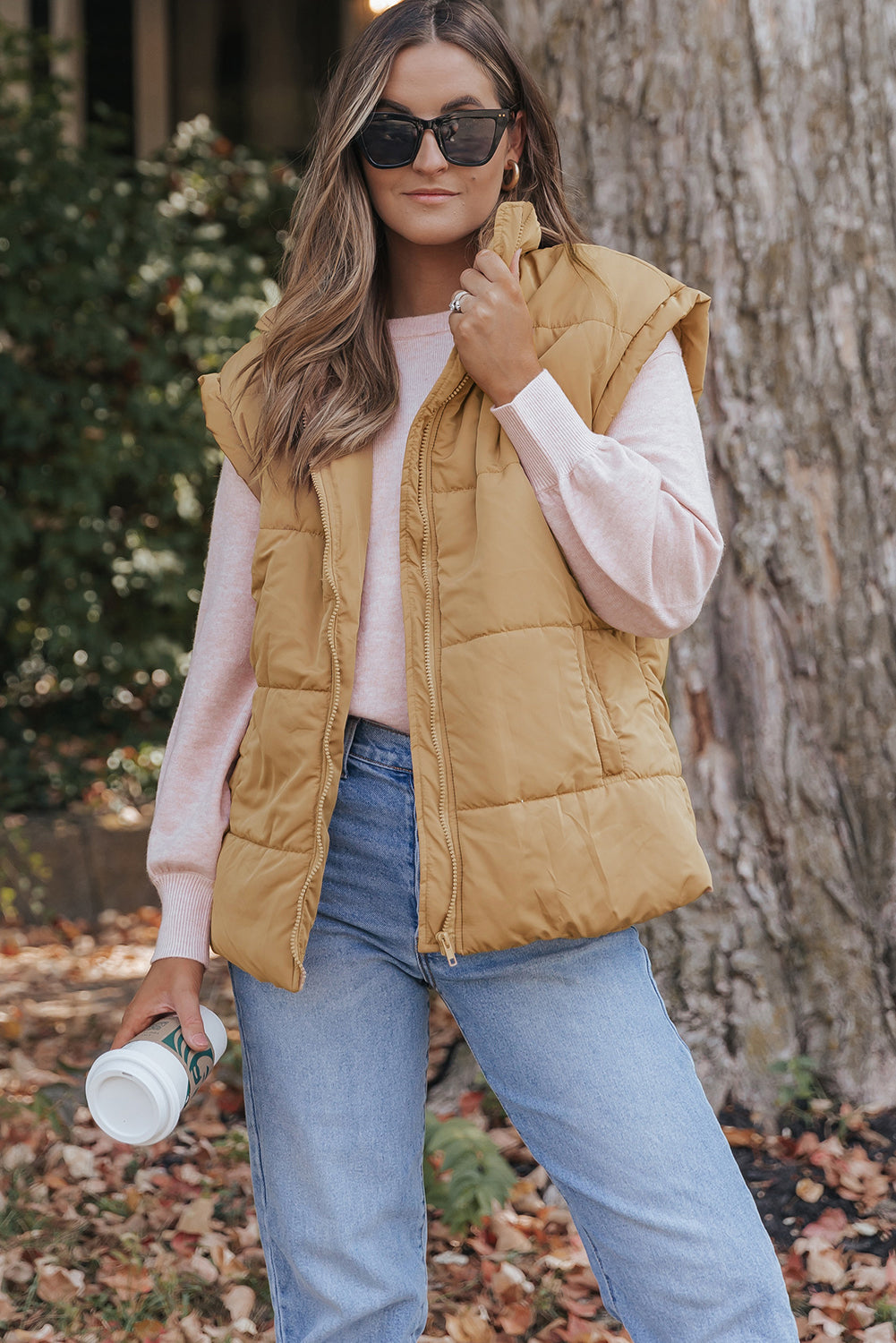 Khaki Oversized Stand Collar Zip Winter Vest