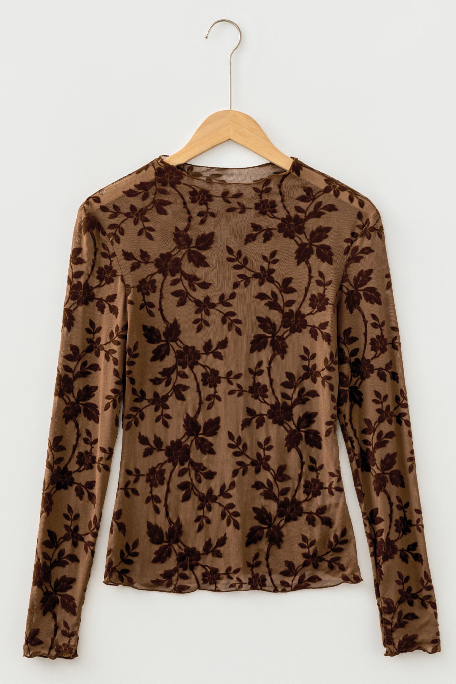 Apricot Floral Mesh Long Sleeve Round Neck Casual Sheath Top