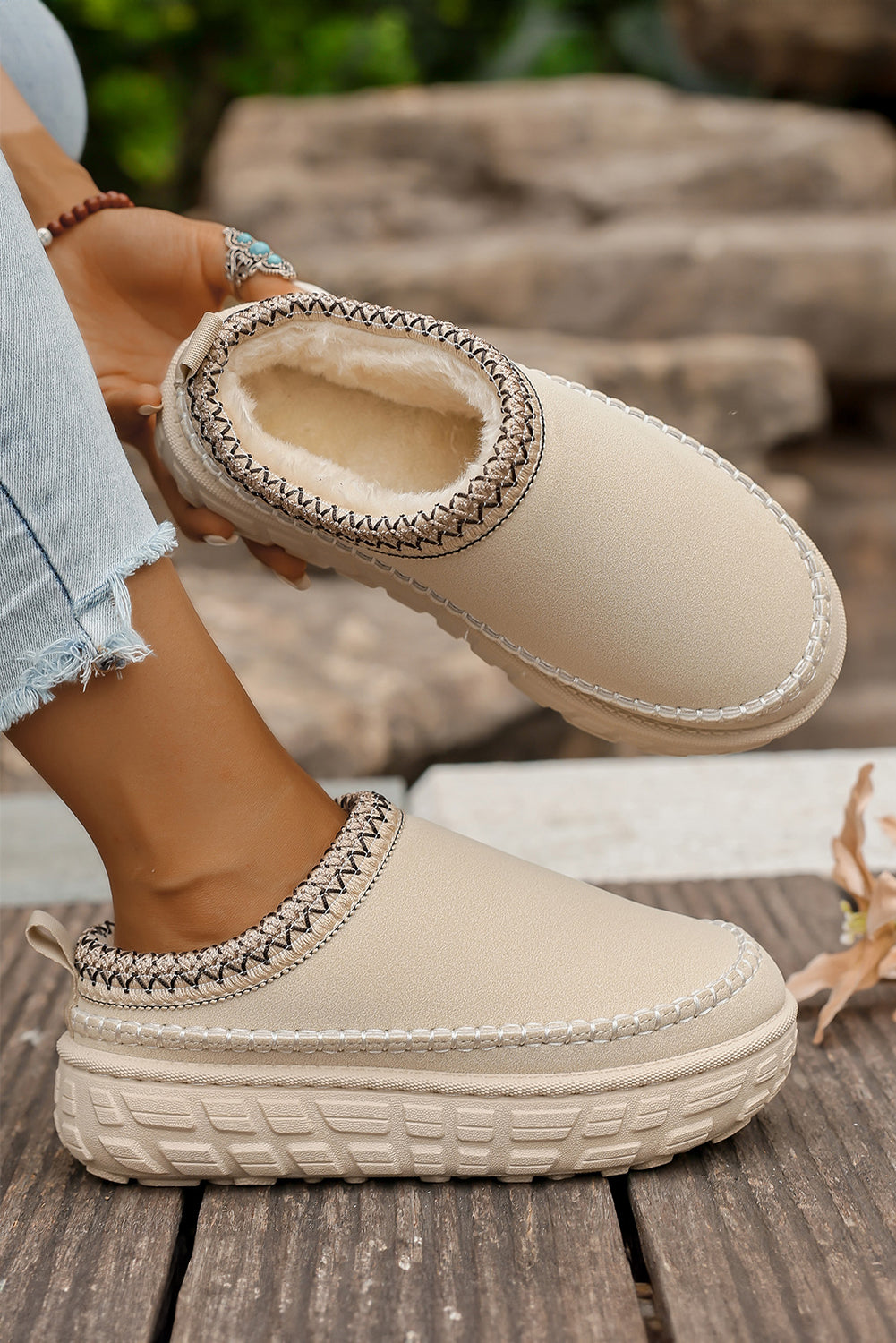 White Faux Suede Woven Trim Plush Lining Platform Slippers
