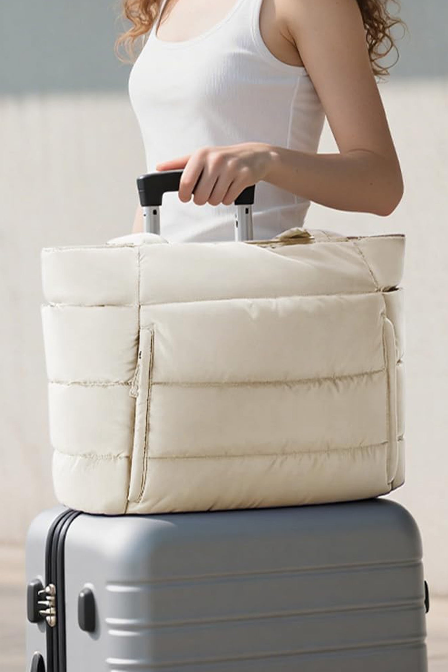 White Solid Color Puffy Quilted Large Tote Bag
