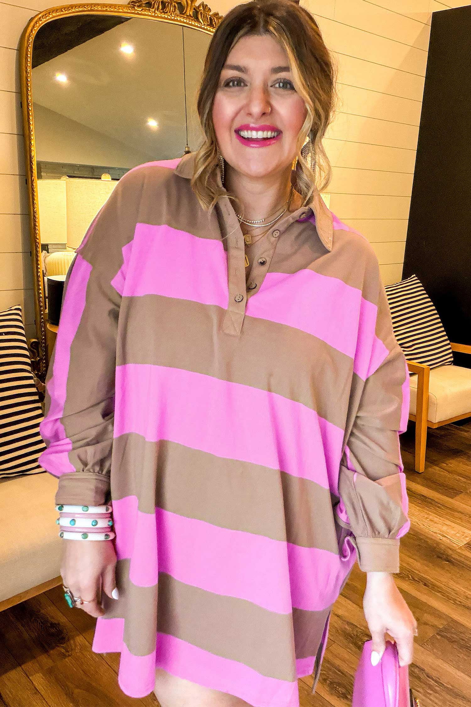 Rose Stripe Striped Colorblock Long Sleeve V Neck Shift Plus Size Dress