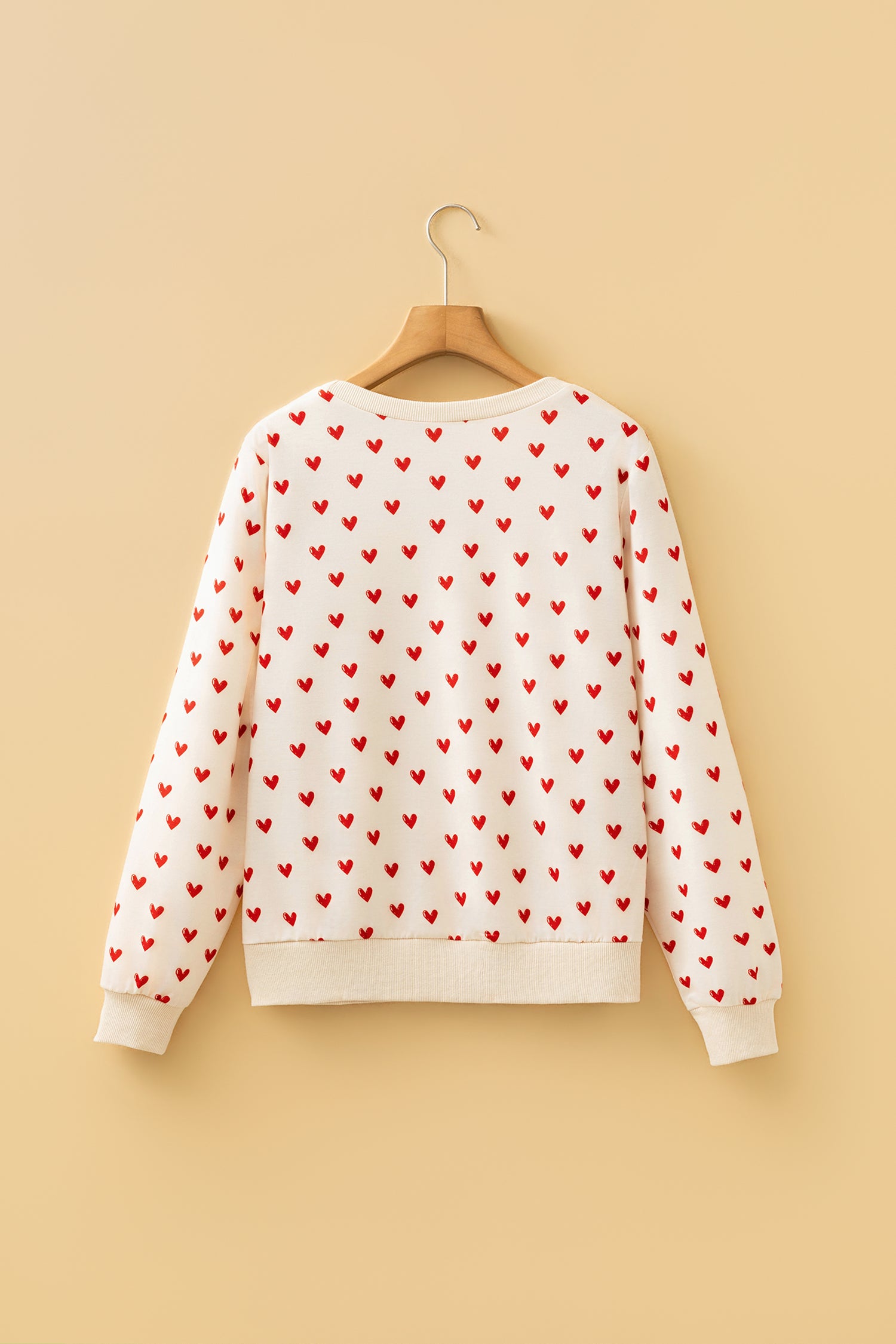 Beige Heart Print Round Neck Long Sleeve Regular Fit Sweatshirt