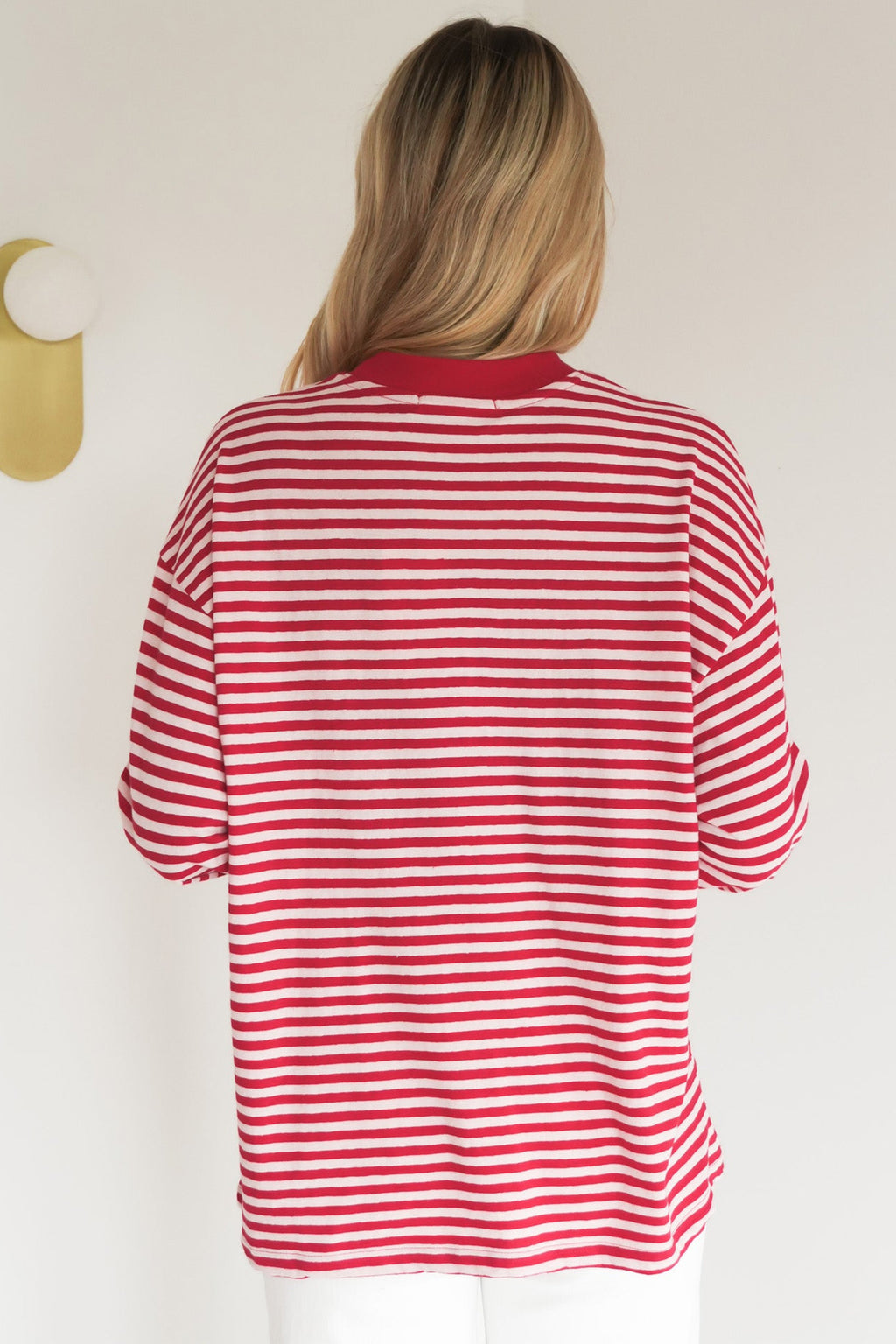 Red Stripe Oversized Long Sleeve Round Neck Top