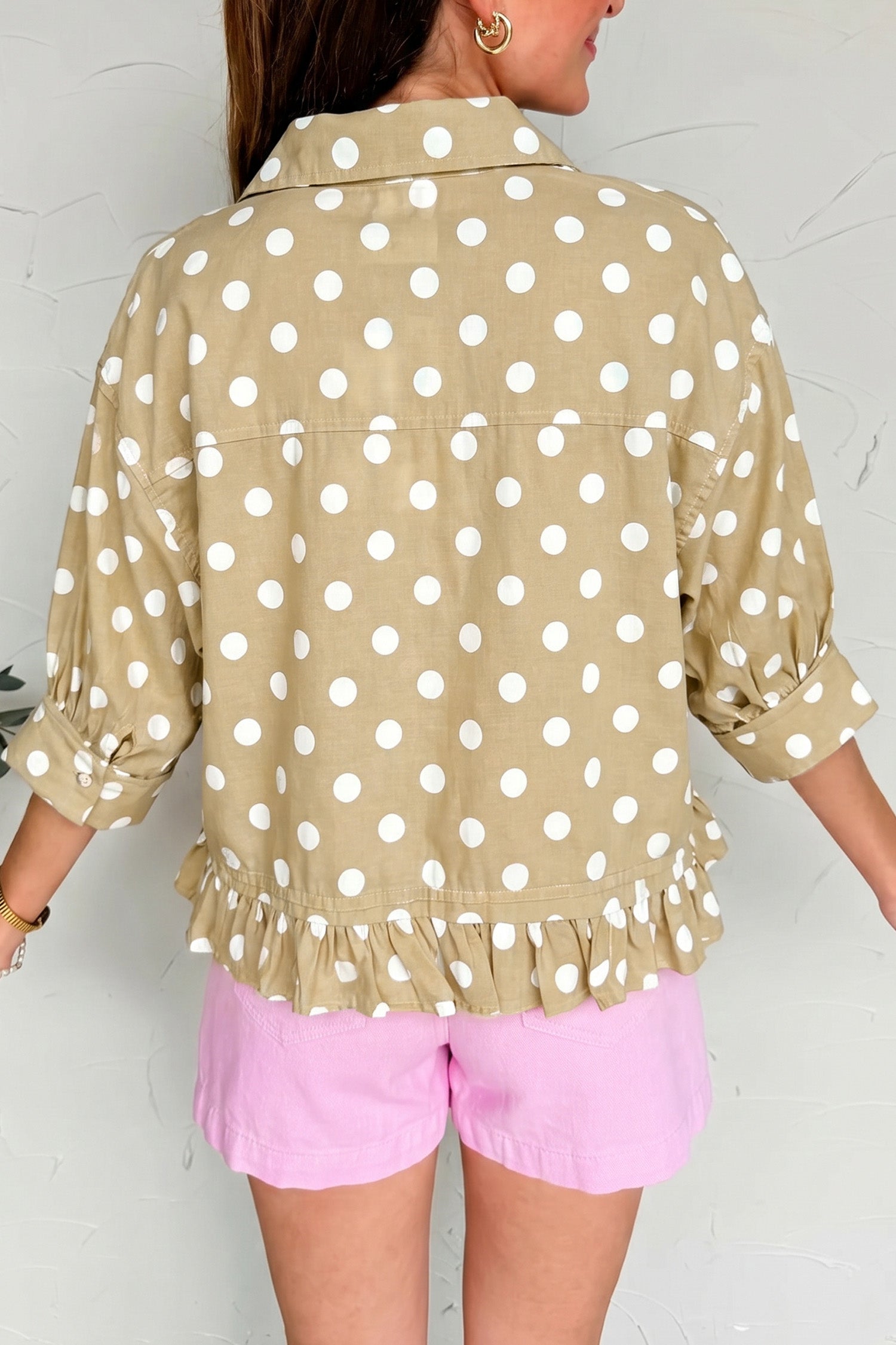 Khaki Polka Dot Print Three Quarter Sleeve Ruffle Hem Casual Shirt