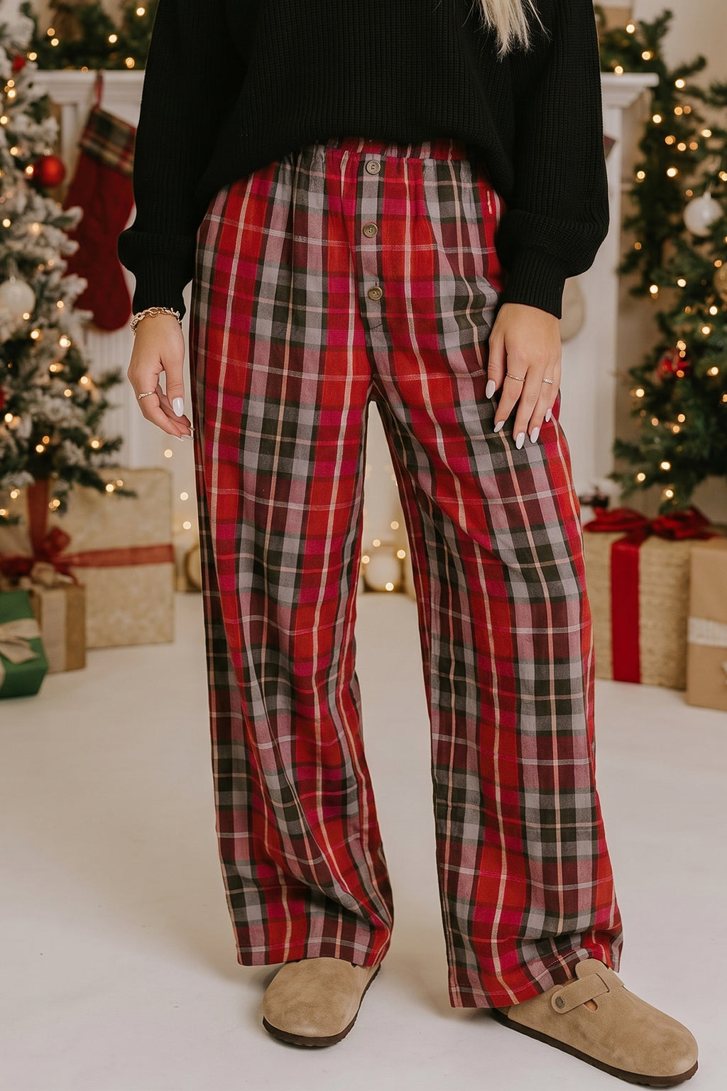 Red Plaid Elastic Waist Pocket Regular Full-Length Pants