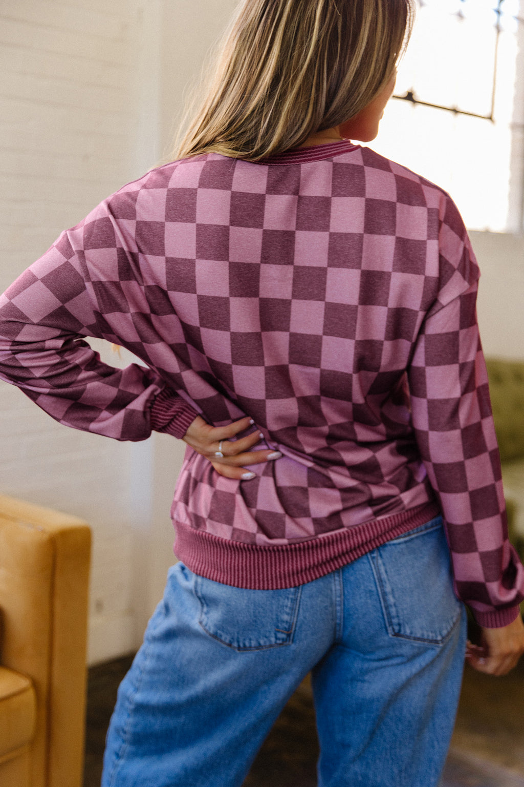 Red Ribbed Trim Checkered Print Long Sleeve Pullover Top