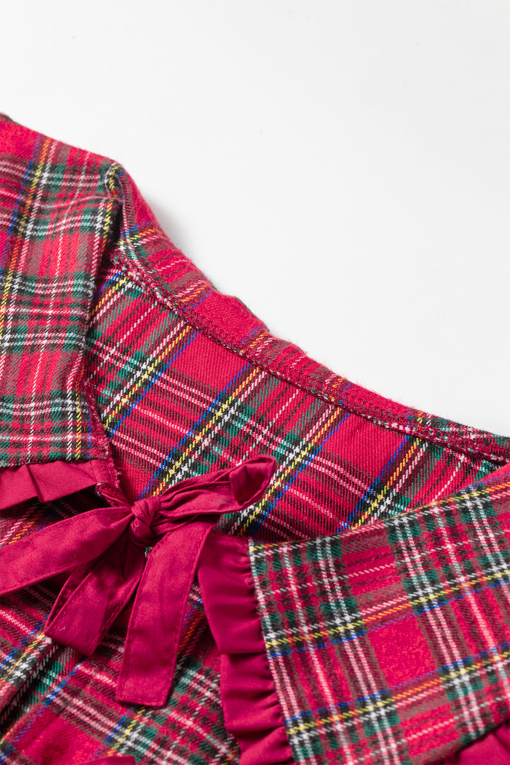 Red Plaid Tie Neck Ruffle Cuffs Long Sleeve Shift Blouse
