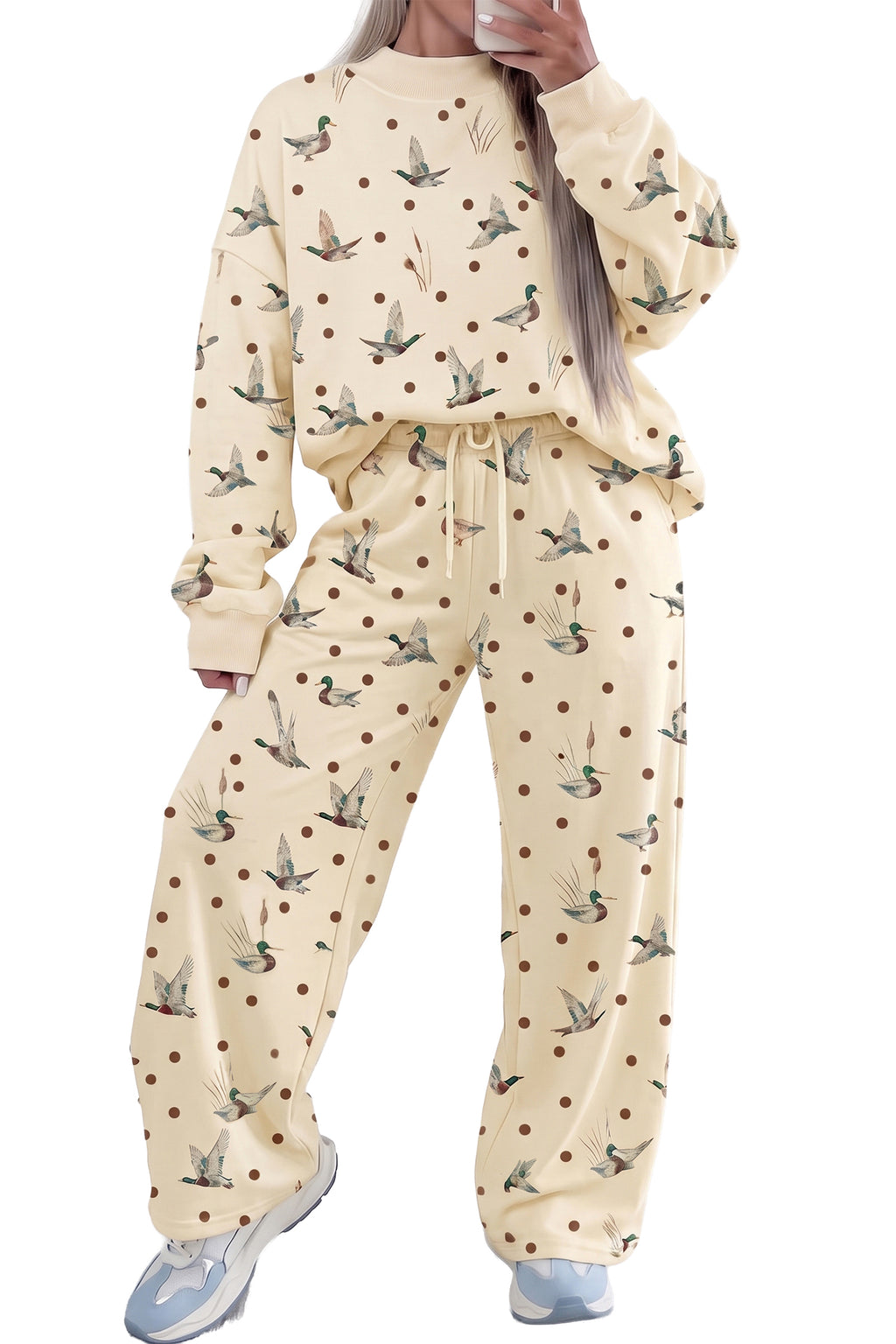 Beige Polka Dot Mallard Print Crewneck Pullover Two Piece Pants Set
