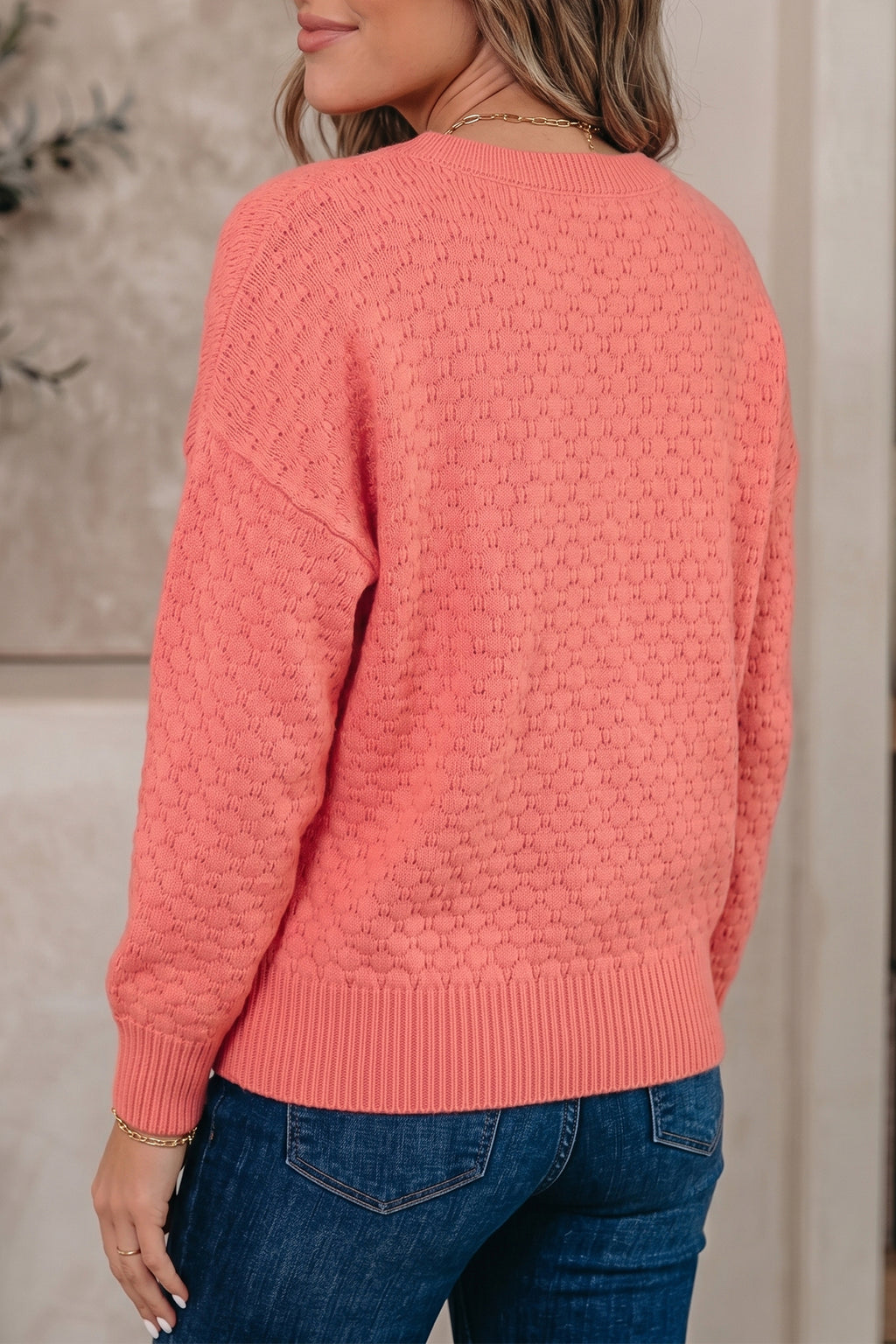 Coral Paradise Breathable Patterned Knit Drop Shoulder Pullover Sweater