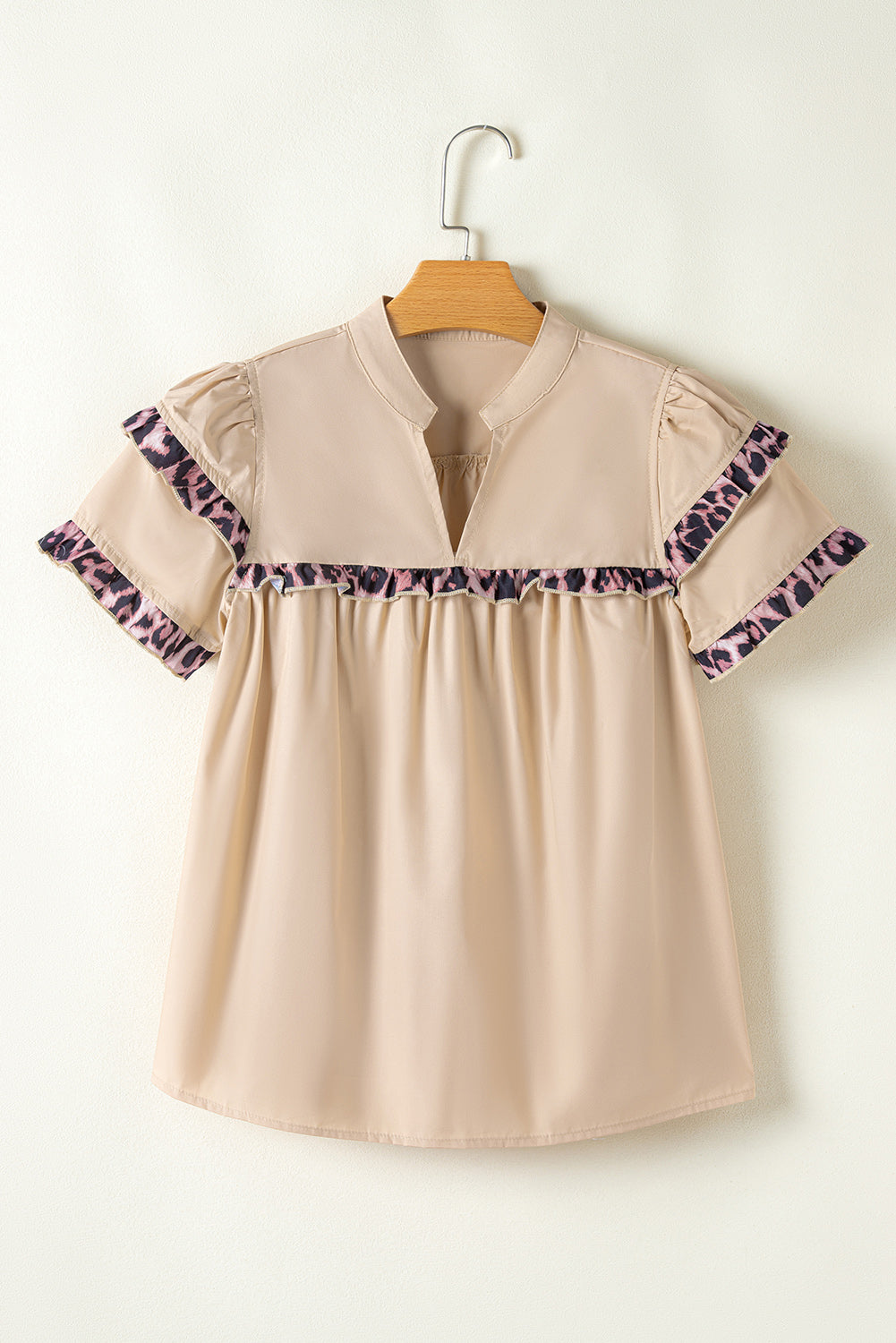 Smoke Gray Leopard Ruffles Trim Tiered Short Sleeve Blouse