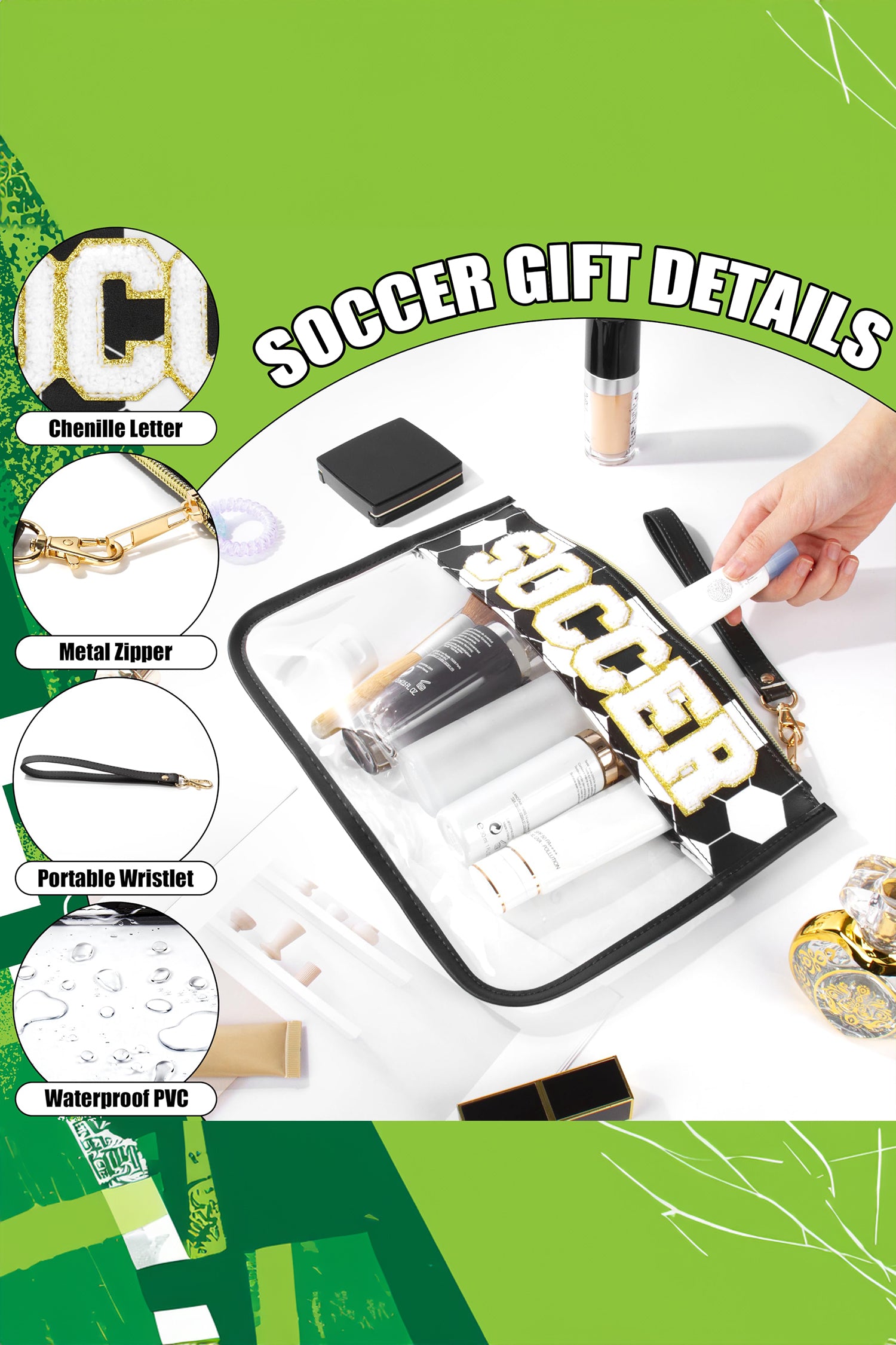 Jurassic Gold BASKETBALL Chenille Letter Patch Game Day Stadium Clear PVC Cosmetic Bag