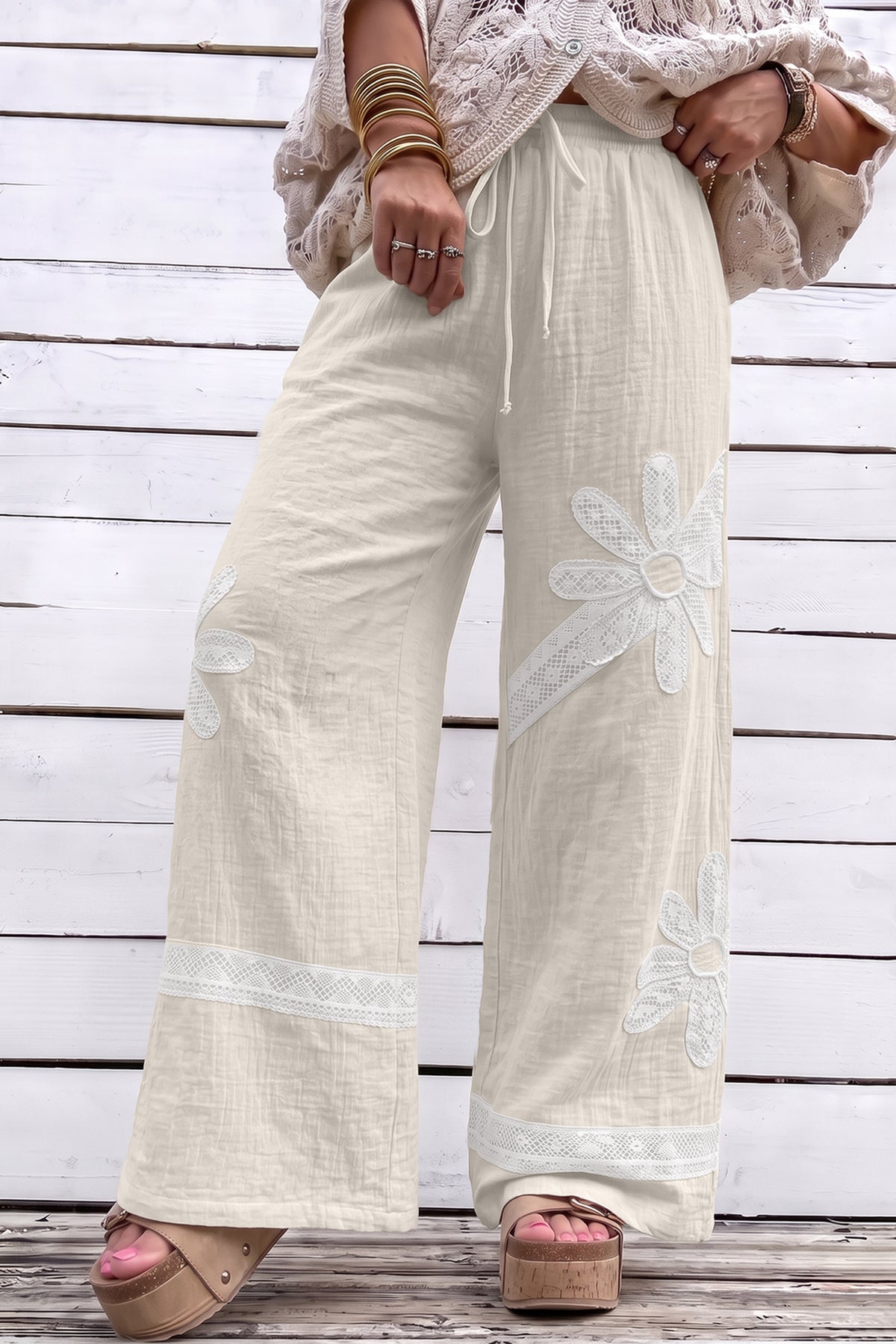 White Floral Lace Patchwork Boho Wide Leg Casual Pants