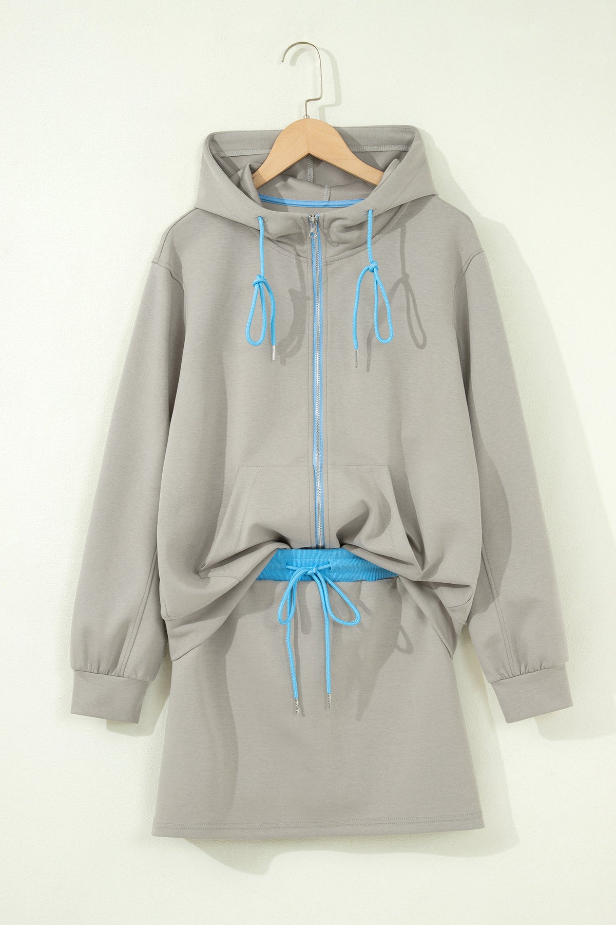 Smoke Green Contrast Trim Zip Up Sporty Jacket Drawstring Mini Skort 2pcs Set