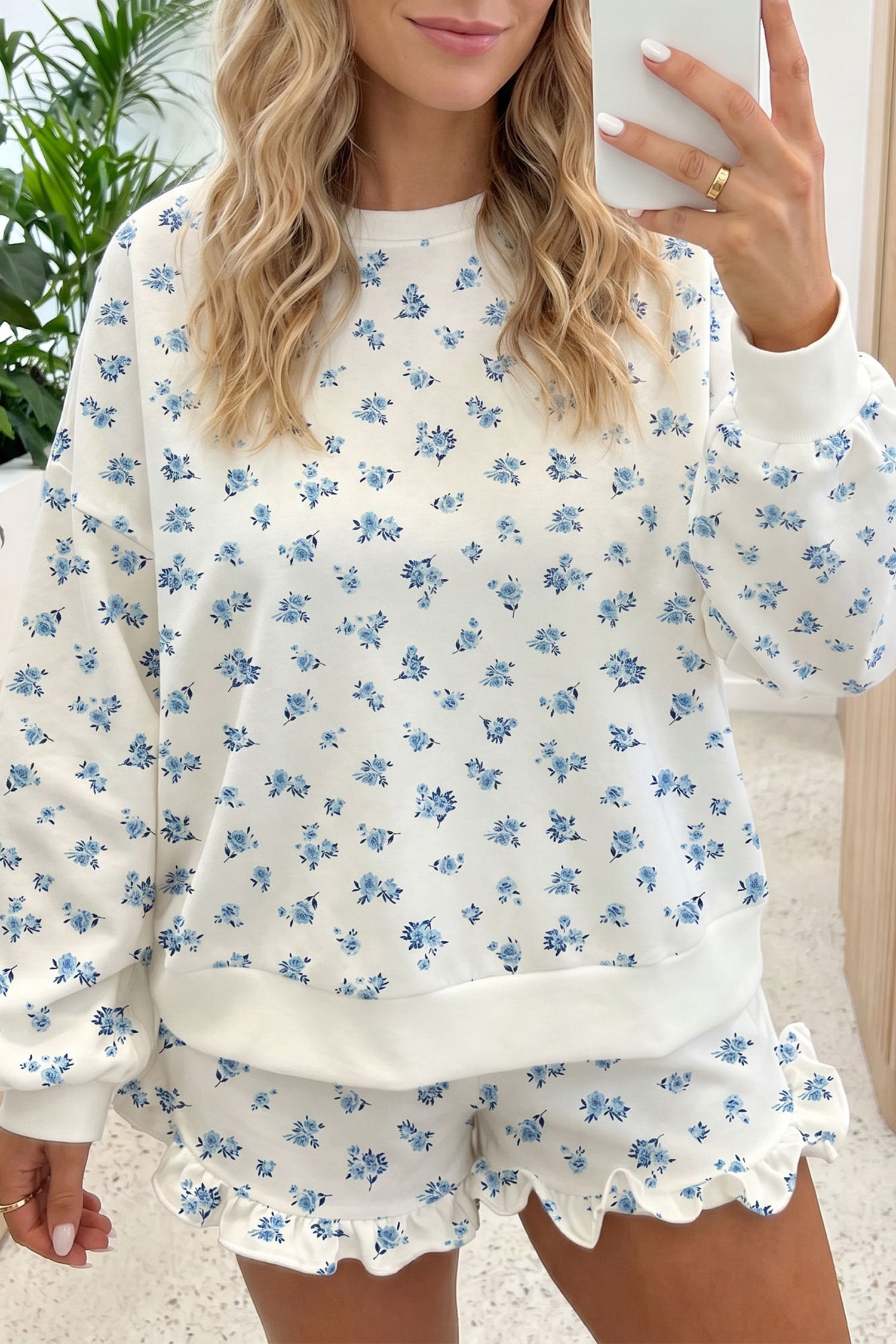 Sky Blue Floral Print Long Sleeve Top Elastic Waist Ruffle Hem Shorts 2pcs Set