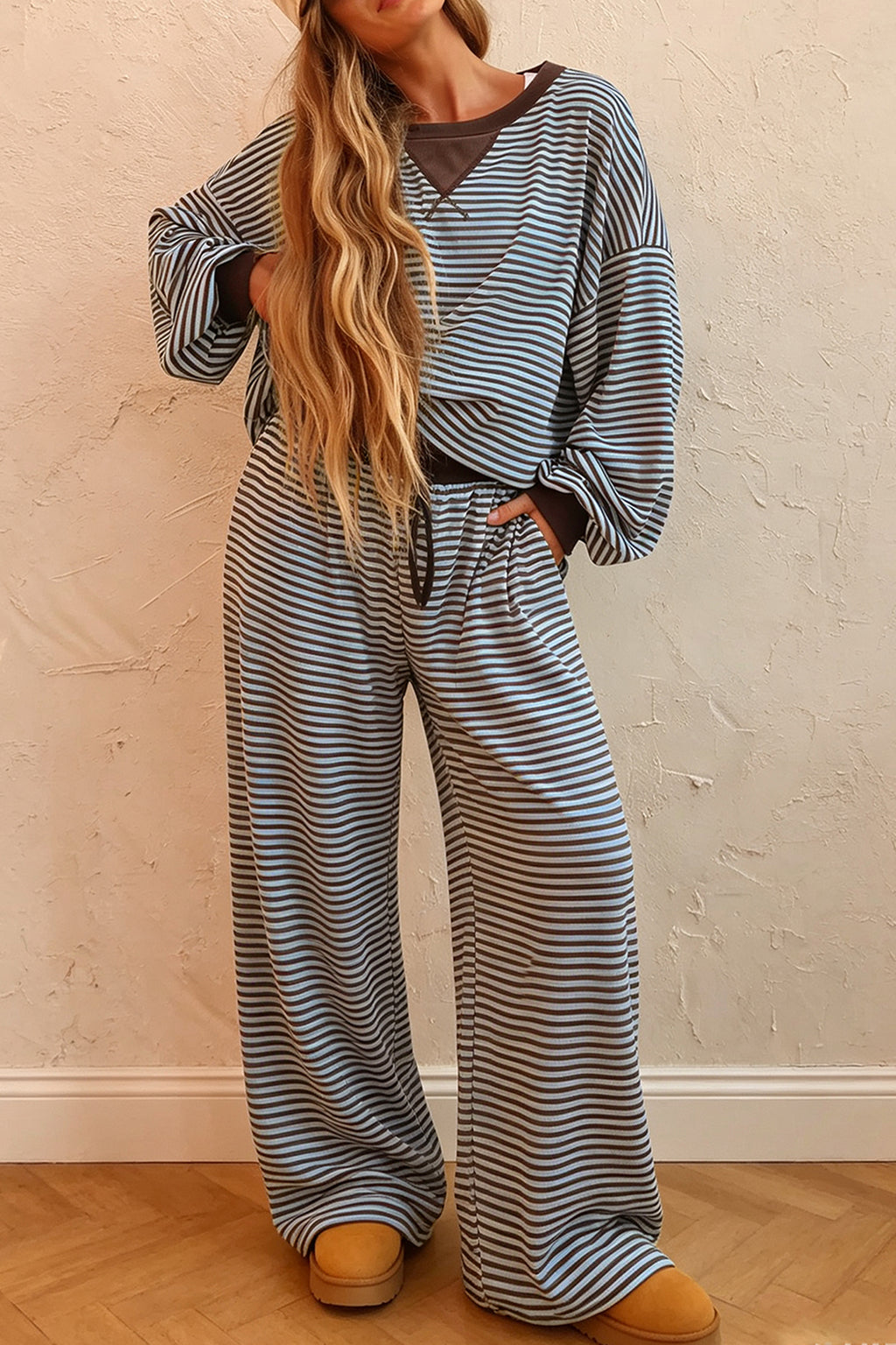 Brown Stripe Drop Shoulder Loose Top and Pants Two Piece Set