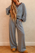 Brown Stripe Drop Shoulder Loose Top and Pants Two Piece Set