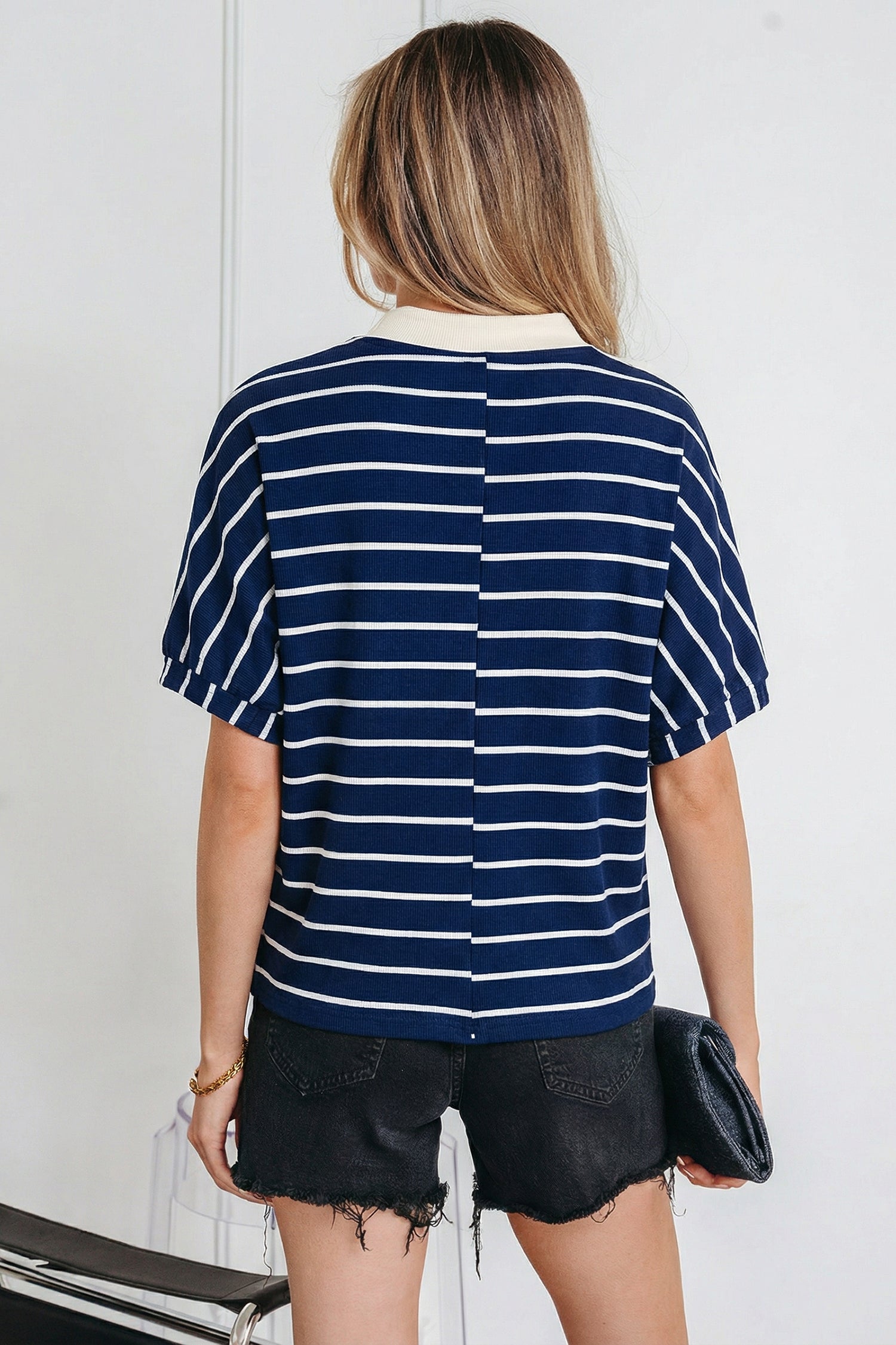 White Stripe Stand Collar V Neck Elastic Cuffs Half Sleeve Dolman Top
