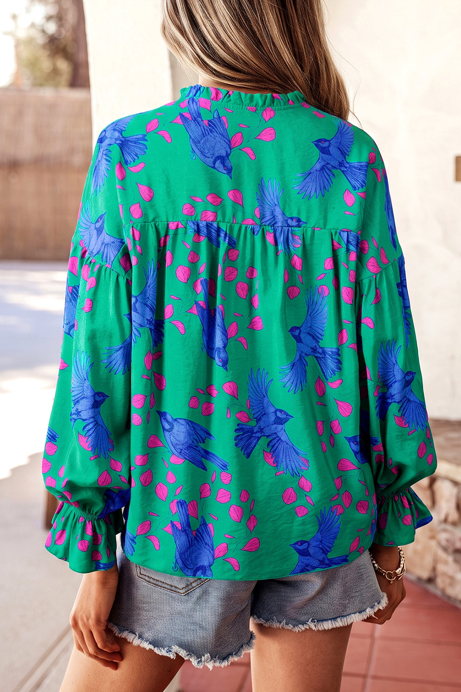 Green Abstract Print V Neck Flounced Puff Sleeve Blouse
