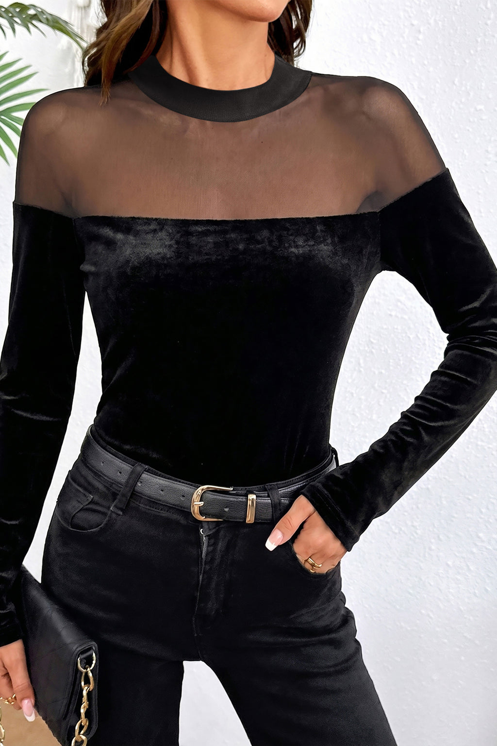 Black Velvet Long Sleeve Sheer Neck Patchwork Casual Pullover Top